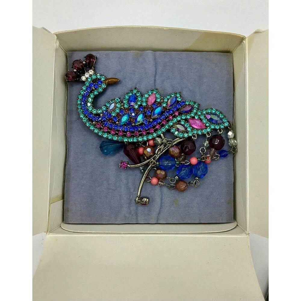 Avon Vintage Peacock Brooch Large Colorful Rhinestones and Beads New